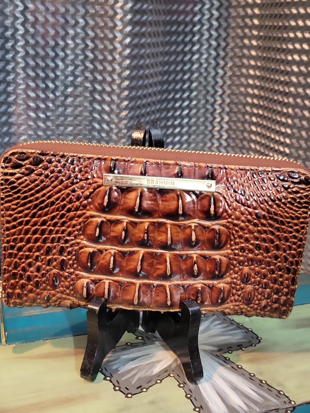 Brahmin Cognac Croc-Embossed Zip Wallet
